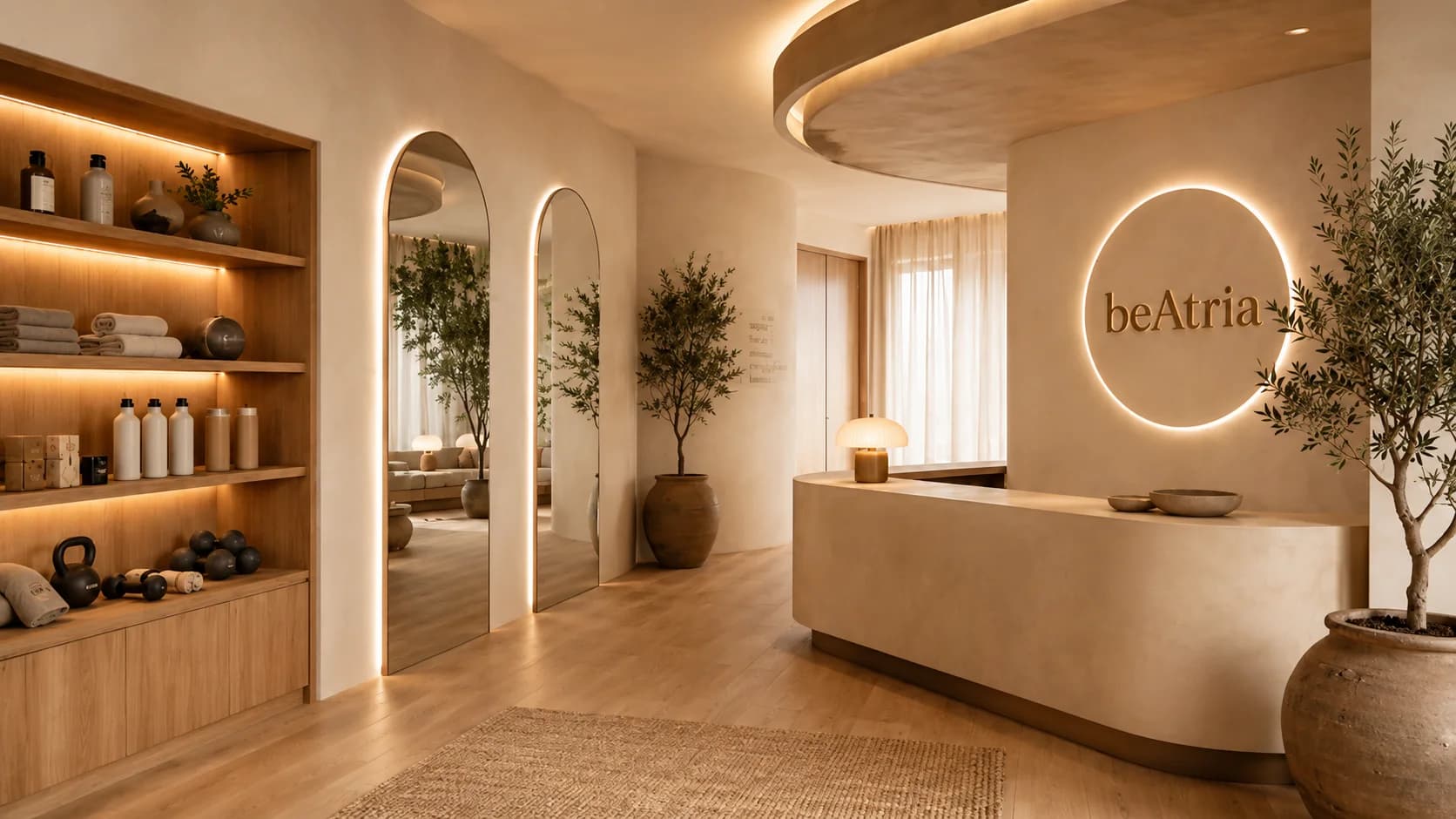 be.Atria front of house: reception desk, arched mirrors, backlit logo